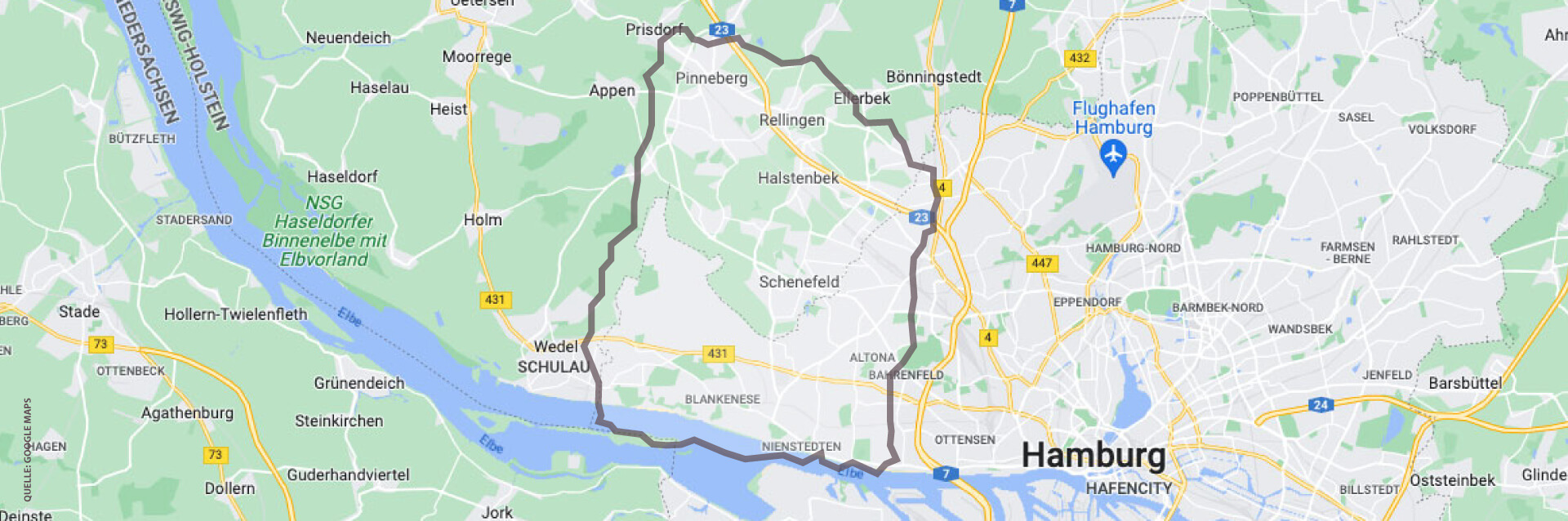 Straßenkarte mit eingezeichnetem Einzugsgebiet von Frau Heitkämper um Schenefeld herum.